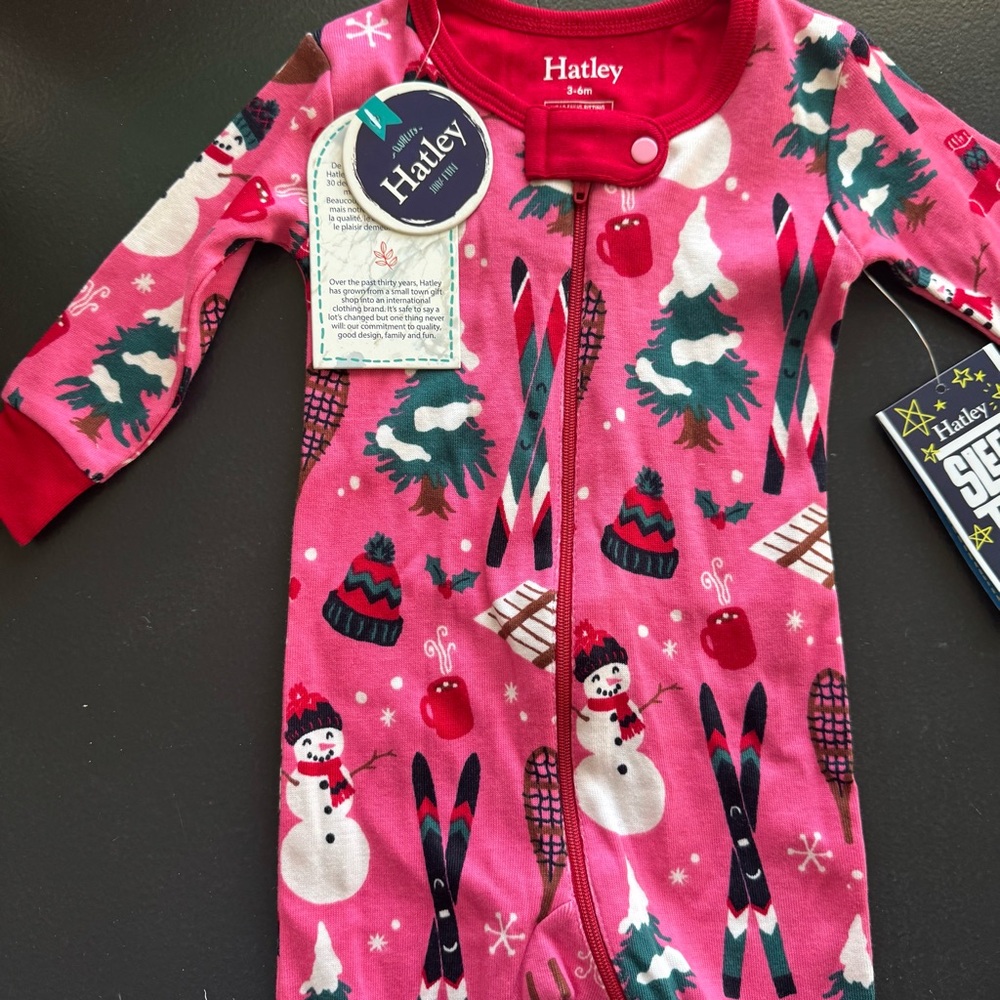 Hatley Baby Girl Pink Winter Snowman Skis Cotton Footed Sleeper Pajamas 3-6M NWT